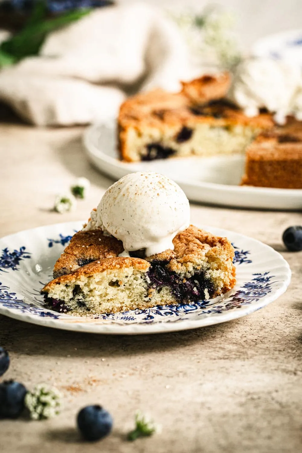 slice of blueberry torte topped with vanilla ice cream on a blue and white plate