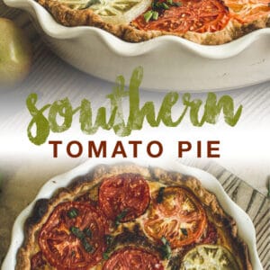 double image of tomato pie with green and red title