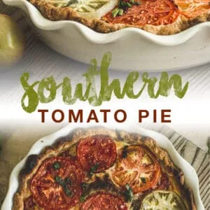 double image of tomato pie with green and red title