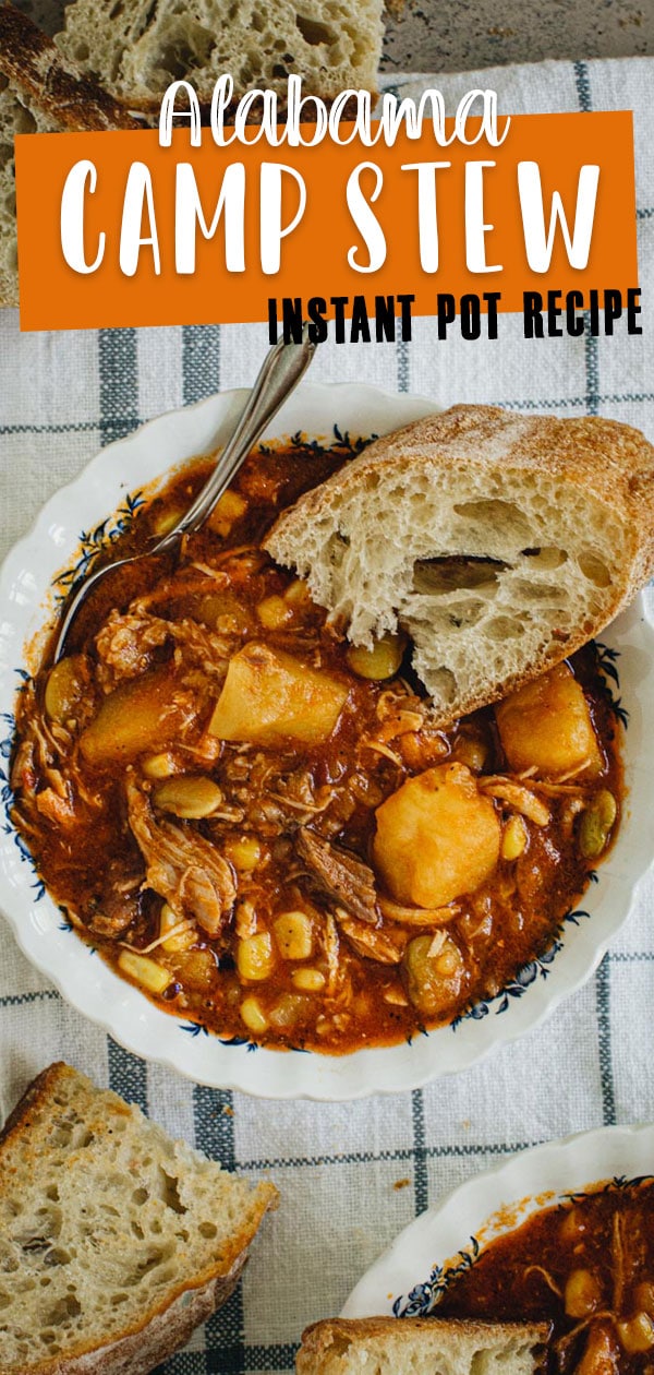 Brunswick Stew in a white and blue bowl with spoon and bread slice. White title with orange background.