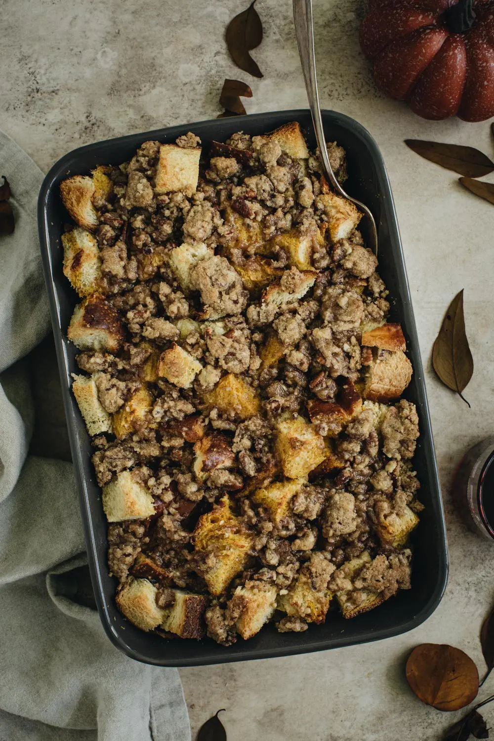 Pumpkin french toast casserole in a casserole baking dish.