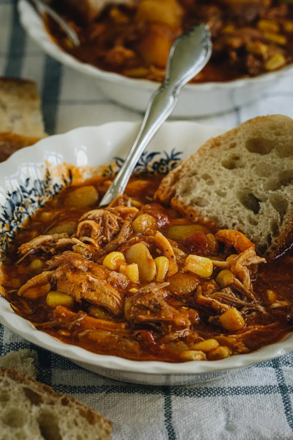 Side view of Brunswick stew in a white bowl with blue flowers and slice of bread.