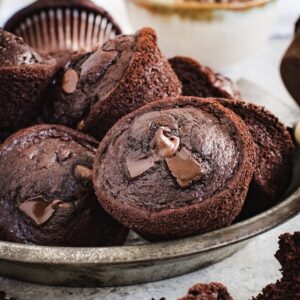 Double chocolate chip muffins sitting in a metal pie tin.