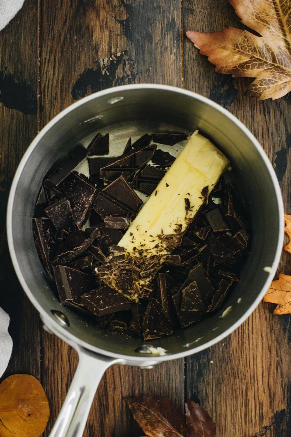 Chocolate and butter in a saucepan.