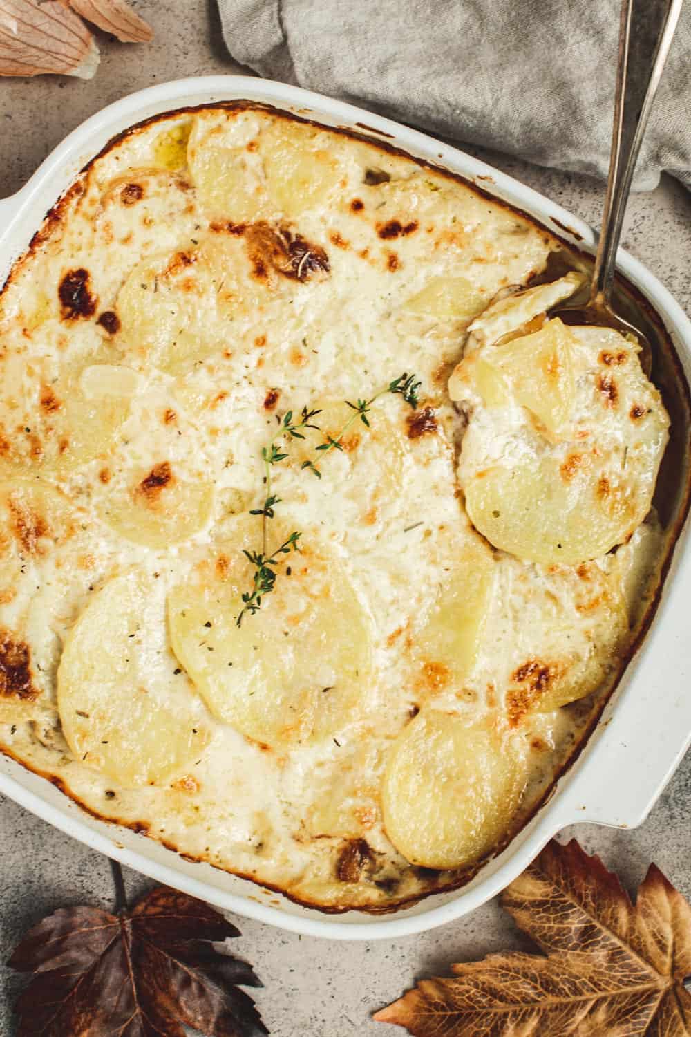 Scalloped potatoes with caramelized onions in a square baking dish.