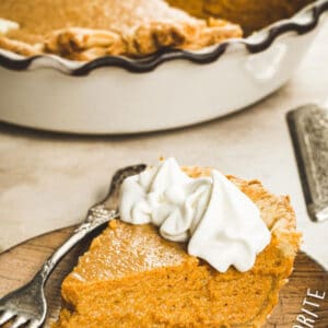 Pumpkin pie slice next to pie dish with white title.