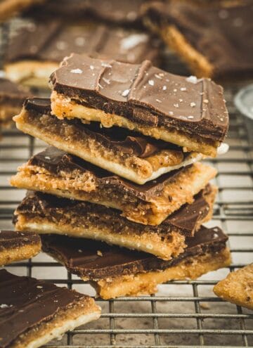 Toffee bark stack on a wire rack.