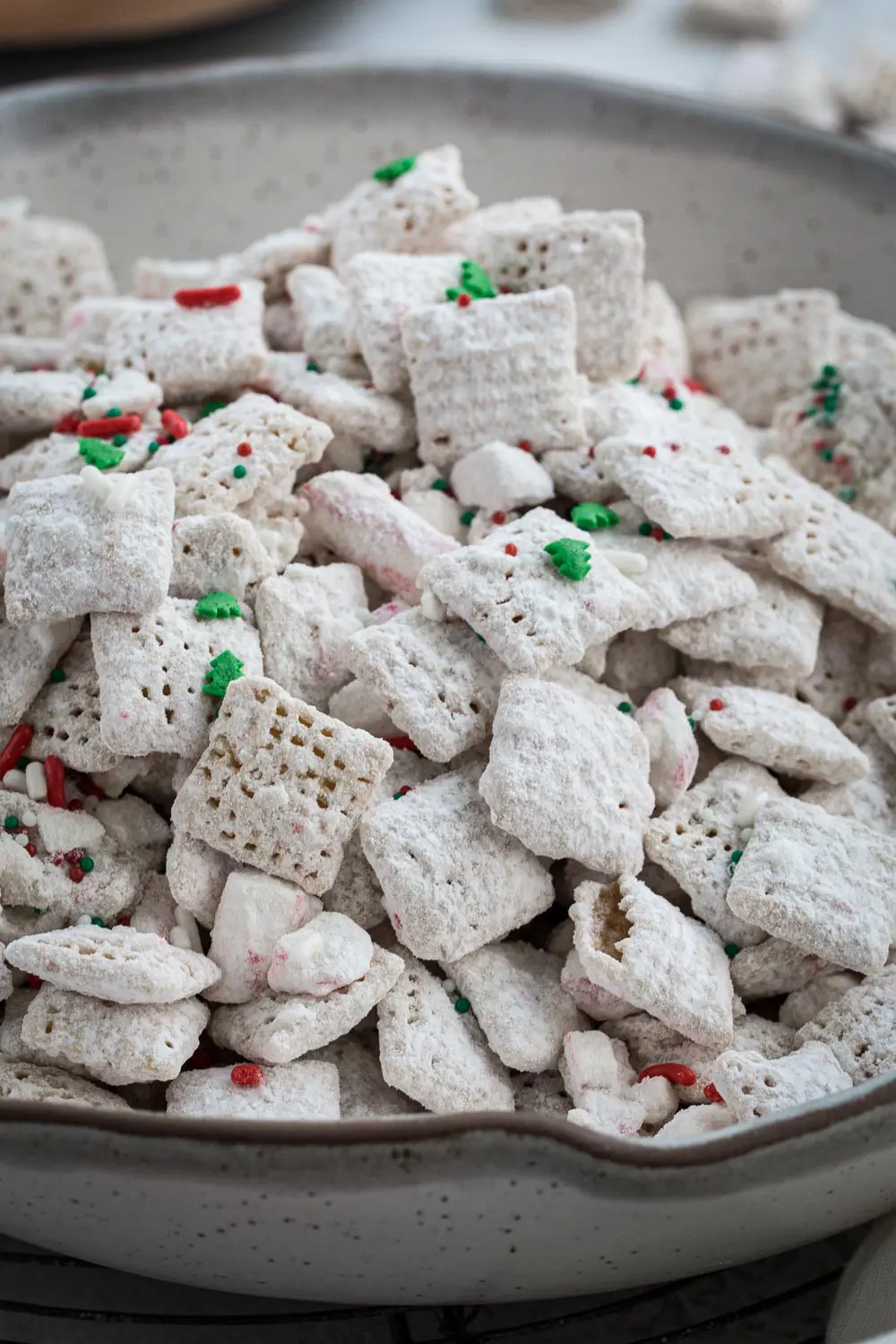 Peppermint puppy chow with white chocolate sprinkles.