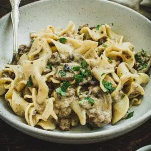 Ground beef stroganoff over egg noodles in a gray bowl.