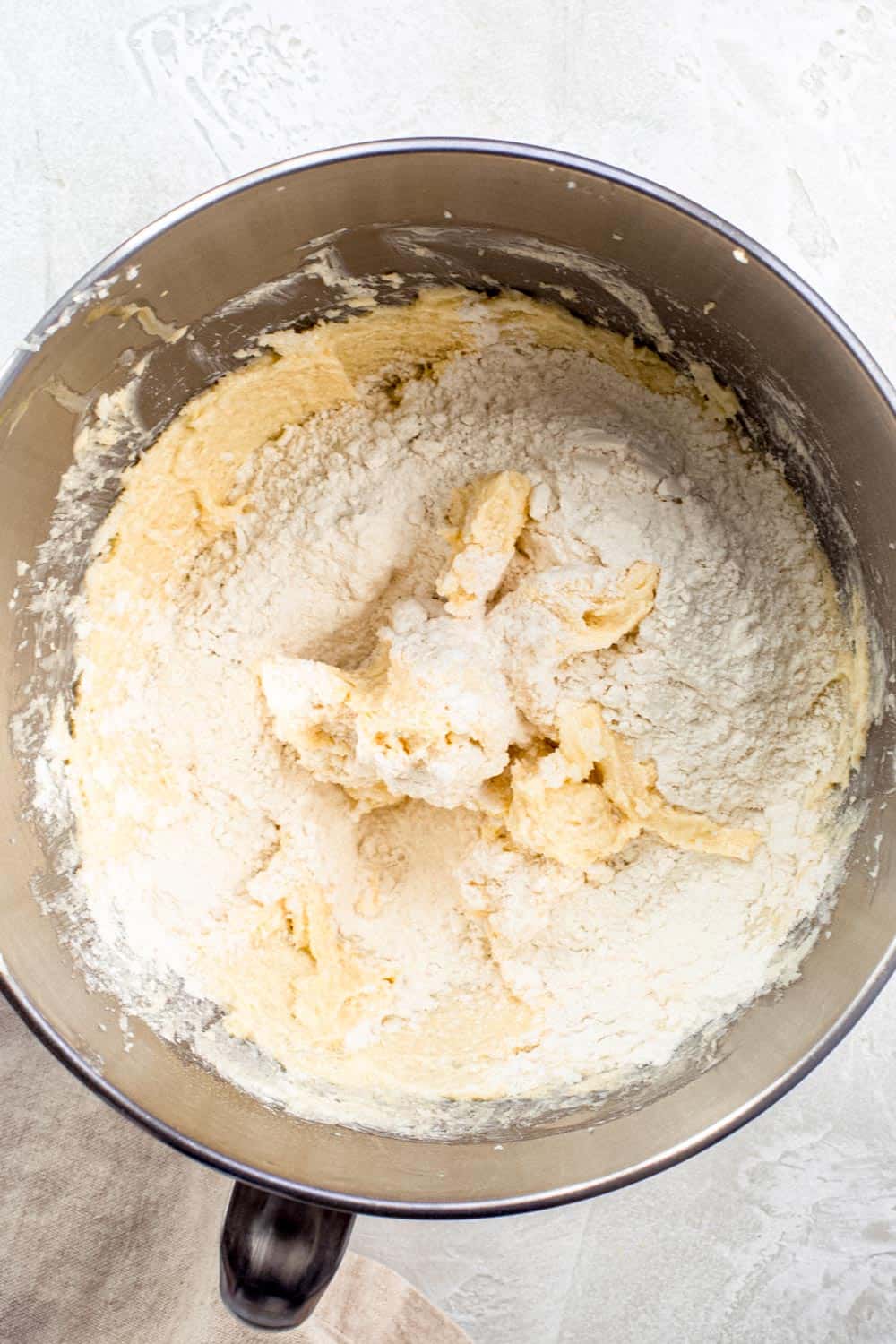 Cookie dough batter in mixing bowl.