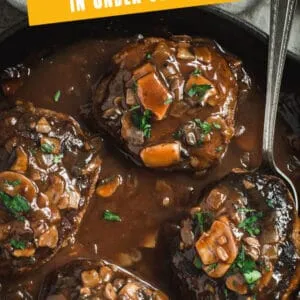 Salisbury Steak in a skillet with orange title for Pinterest.