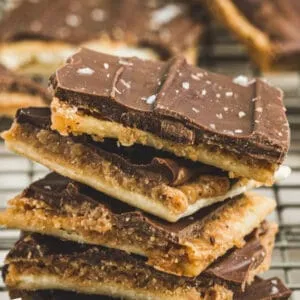 Saltine Toffee Bark stacked with white title for Pinterest.