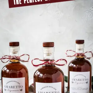 Amaretto in bottles tied with red and white sting and title at top.