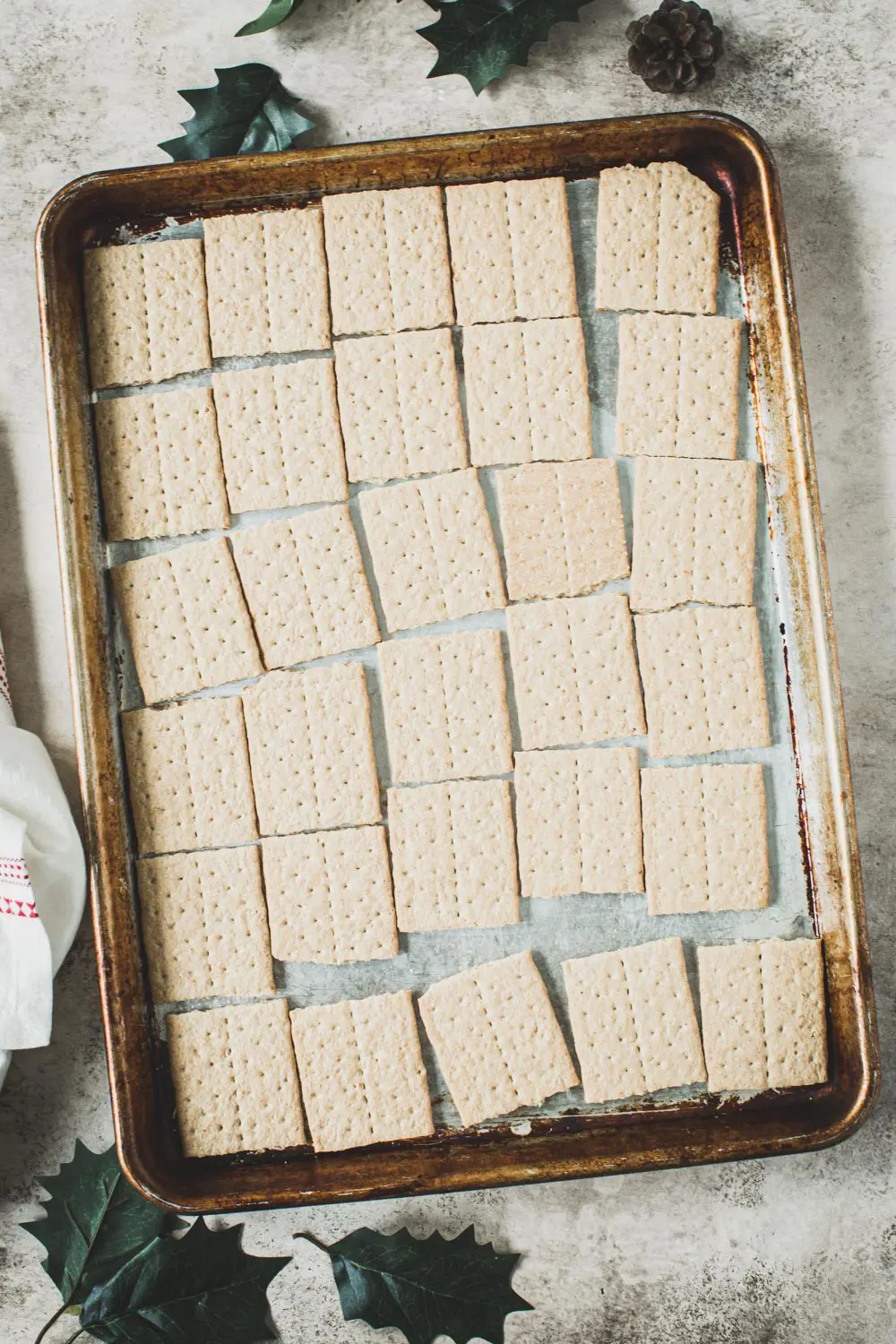 Graham crackers on a rimmed baking sheet.