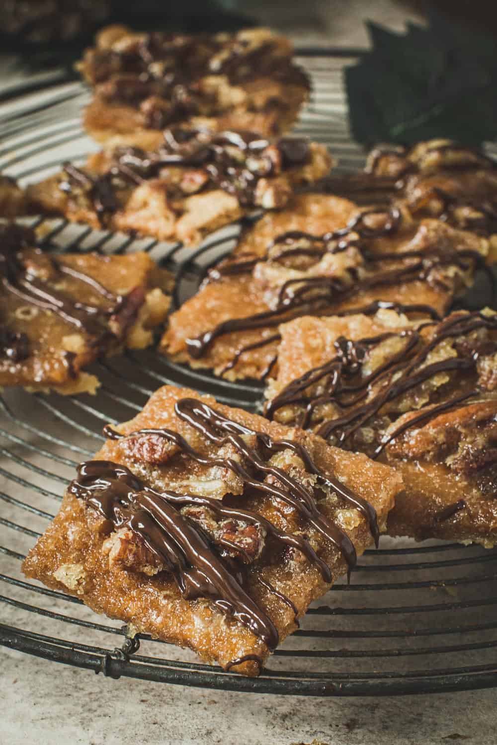 Praline bars on a round wire rack.