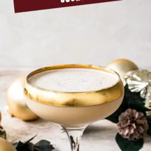 Toasted almond cocktail in a martini glass with white title for Pinterest.