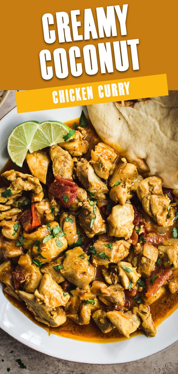 Chicken curry close up with lime wedges and title for Pinterest.