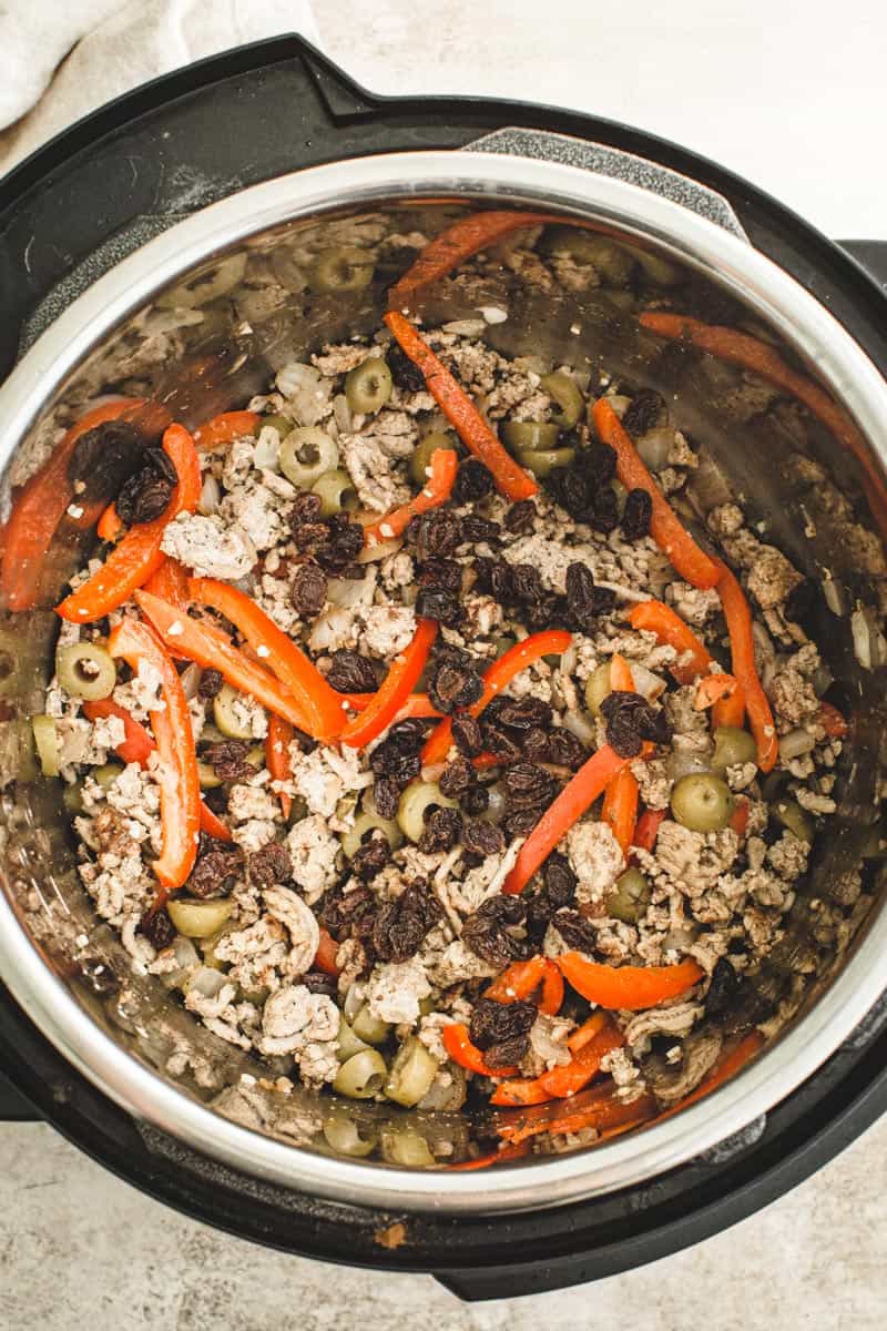 Cooked picadillo ingredients in the Instant Pot.