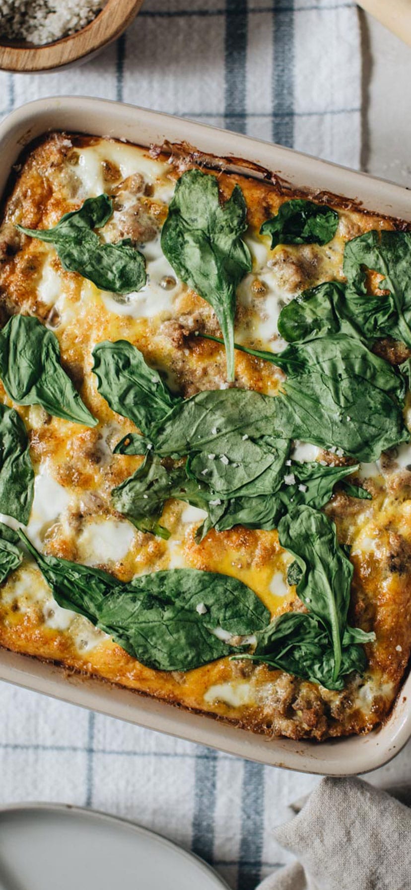 Turkey and egg breakfast casserole in a square baking dish.