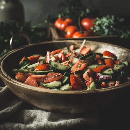 Cucumber tomato salad in a wooden bowl sitting on a cream towel.