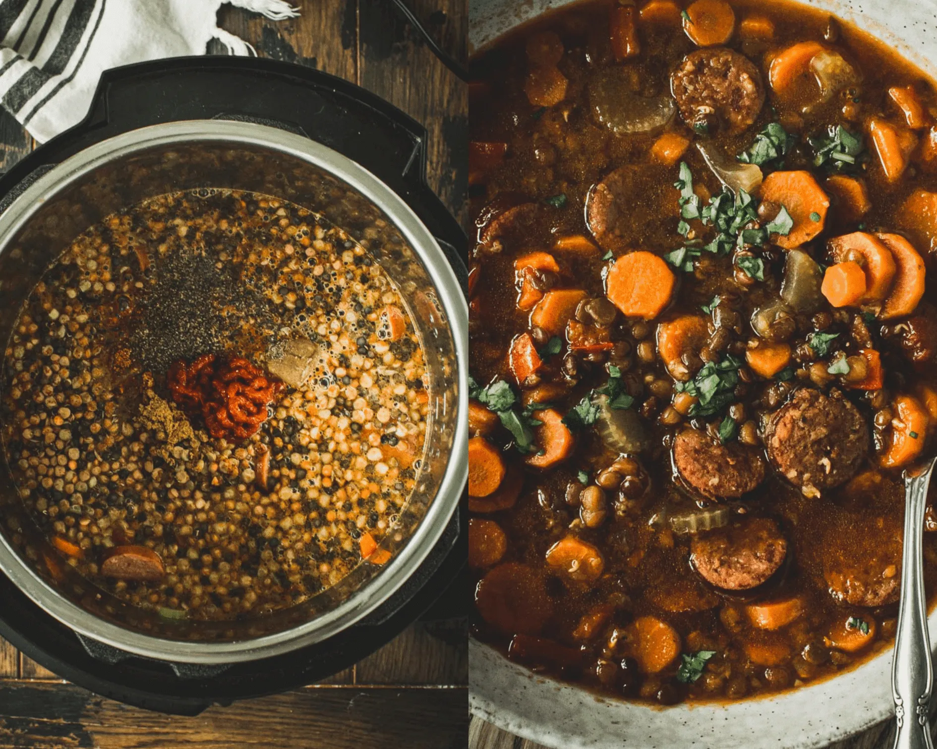 Sausage and lentil stew ingredients in the Instant Pot on the left and close up of cooked stew on the right.