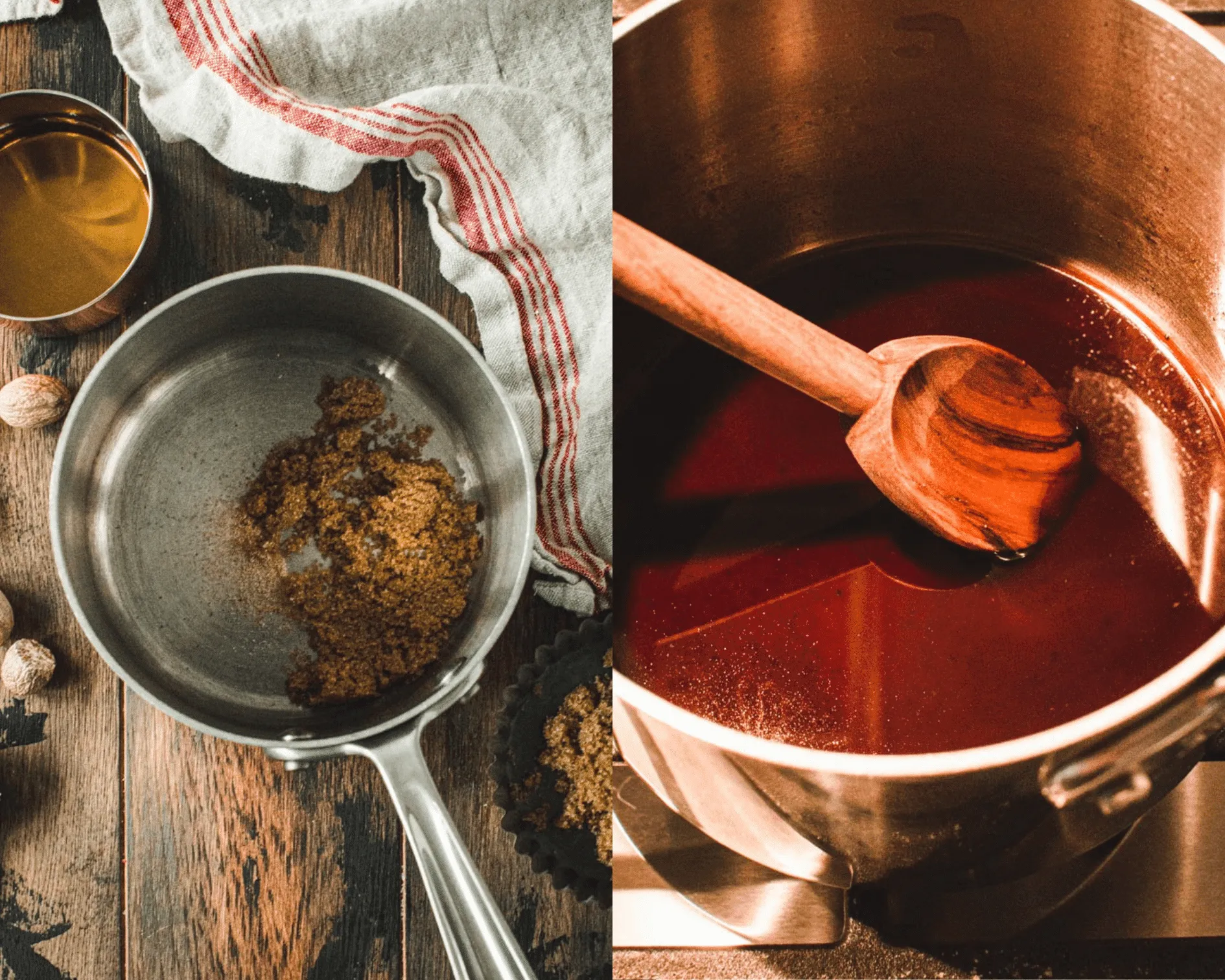 Saucepan with nutmeg and brown sugar on left and coffee in saucepan on right.