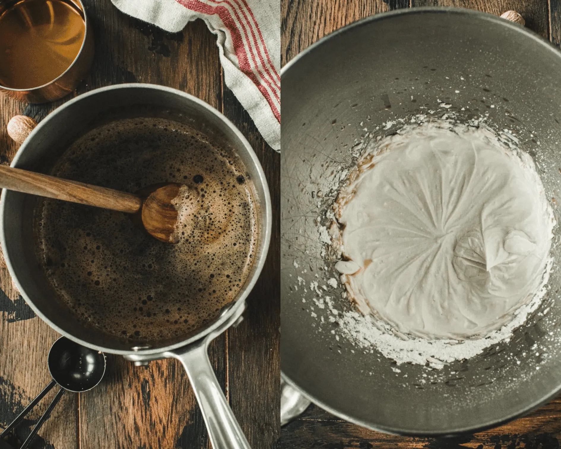 Saucepan with Irish coffee mixture on left and metal bowl of an electric mixer with whipped coconut cream.