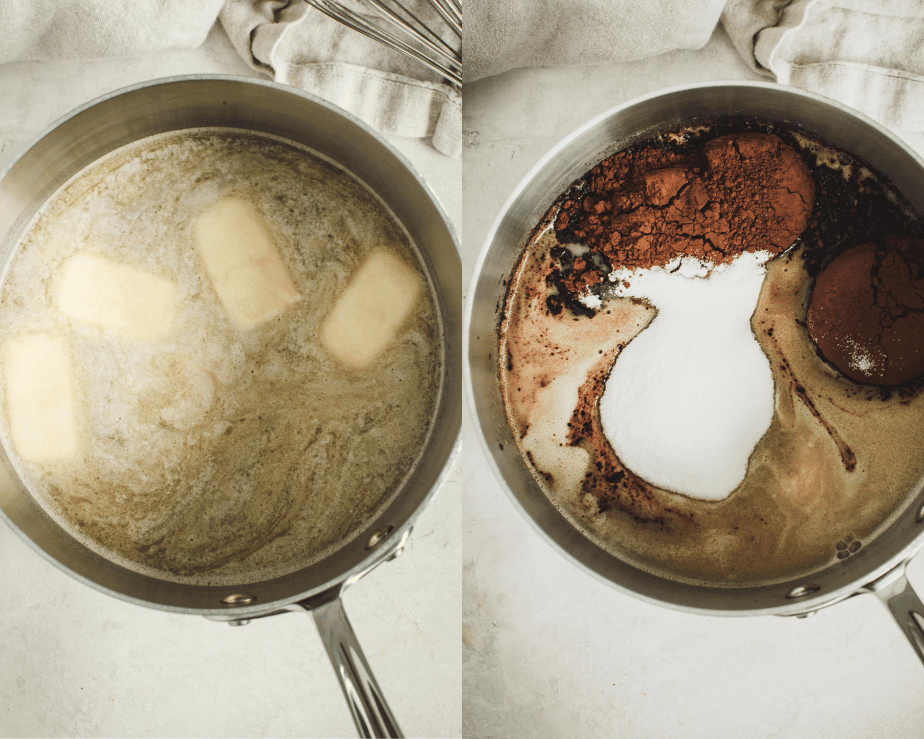 Melting butter and Guinness in a pot on left and adding cocoa and sugar to the pot on the left.