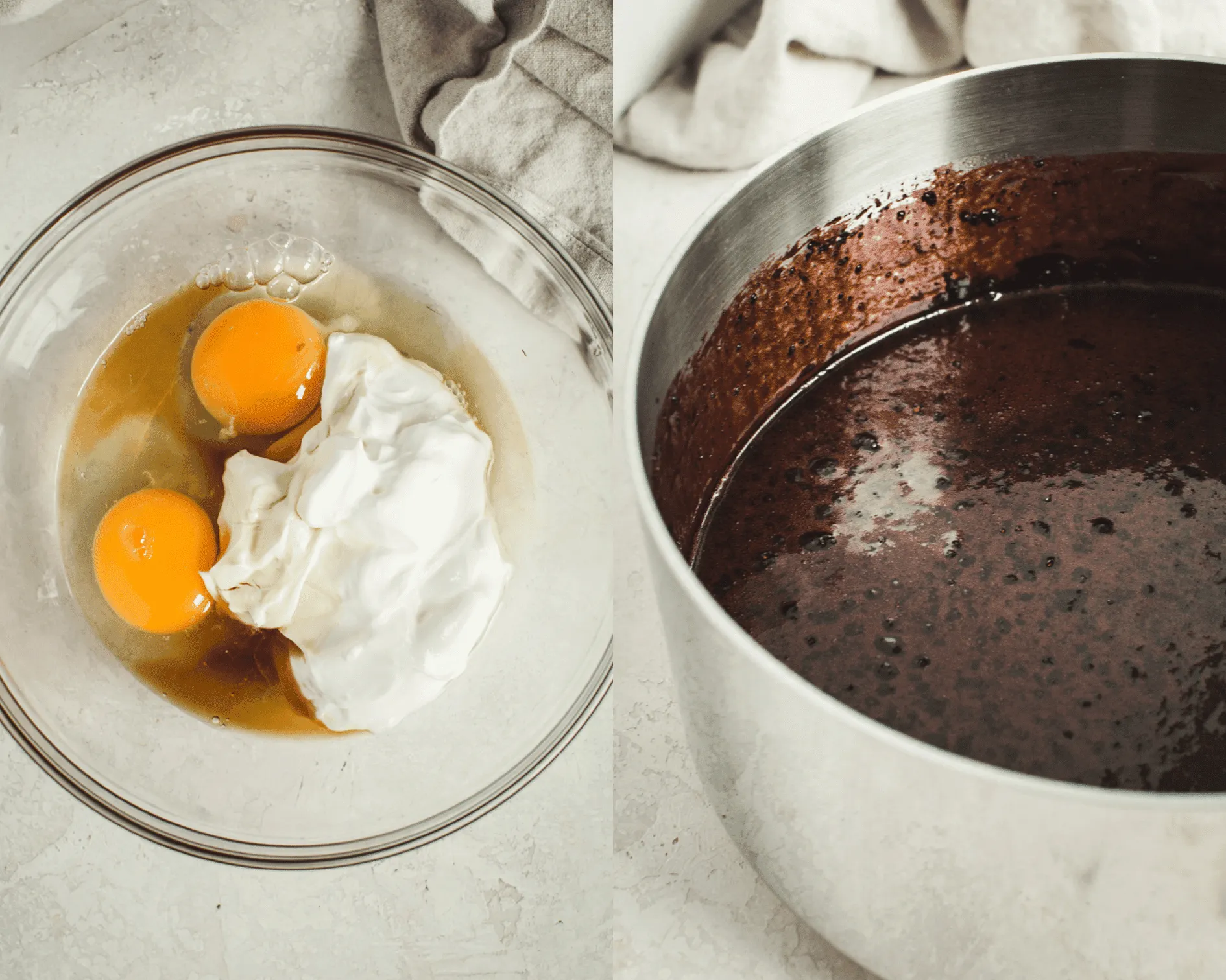 We ingredients in mixing bowl on left and Guinness cake batter on right in a saucepan.