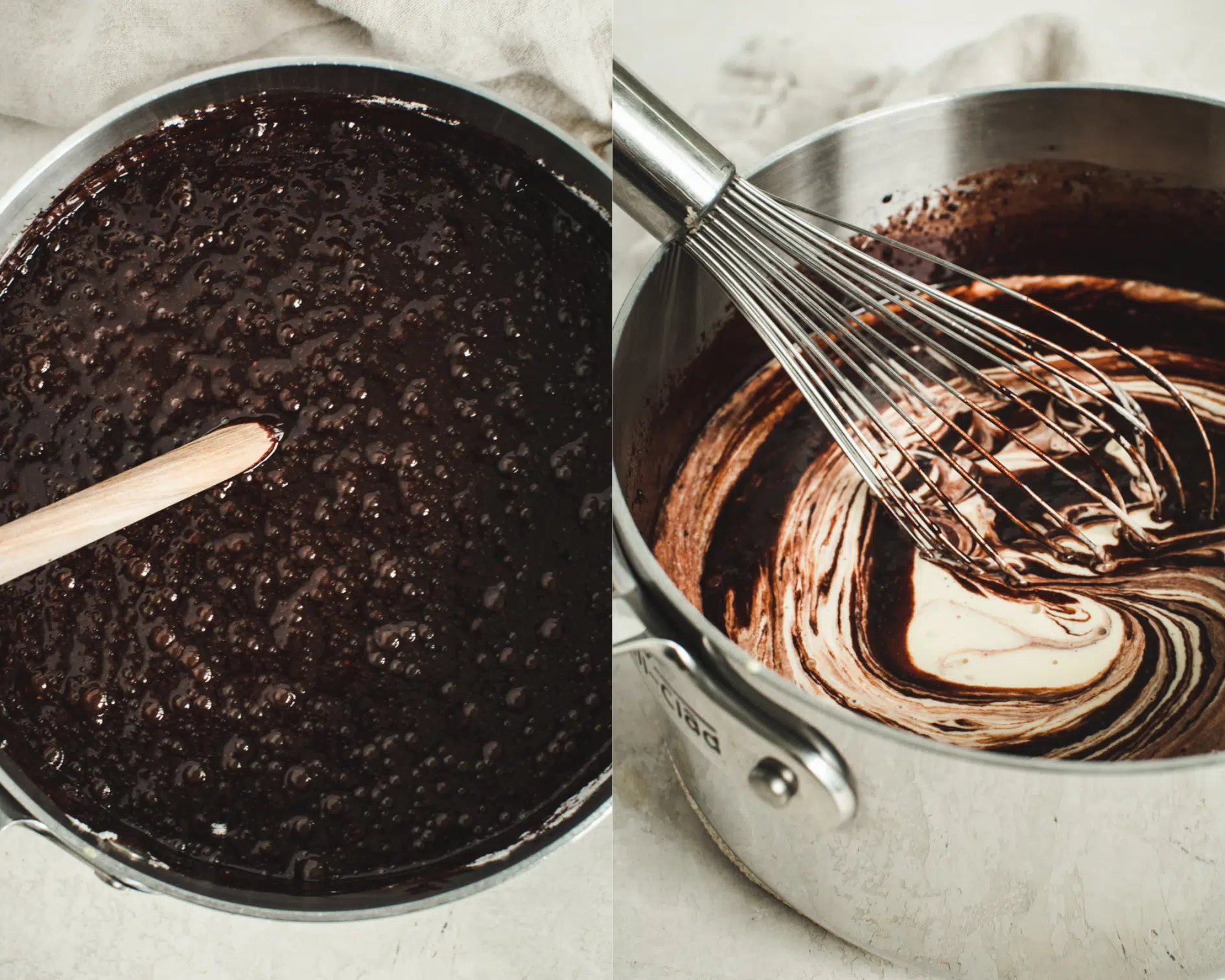 Guiness cake batter in a saucepan on left and chocolate ganache mixture in saucepan on right.