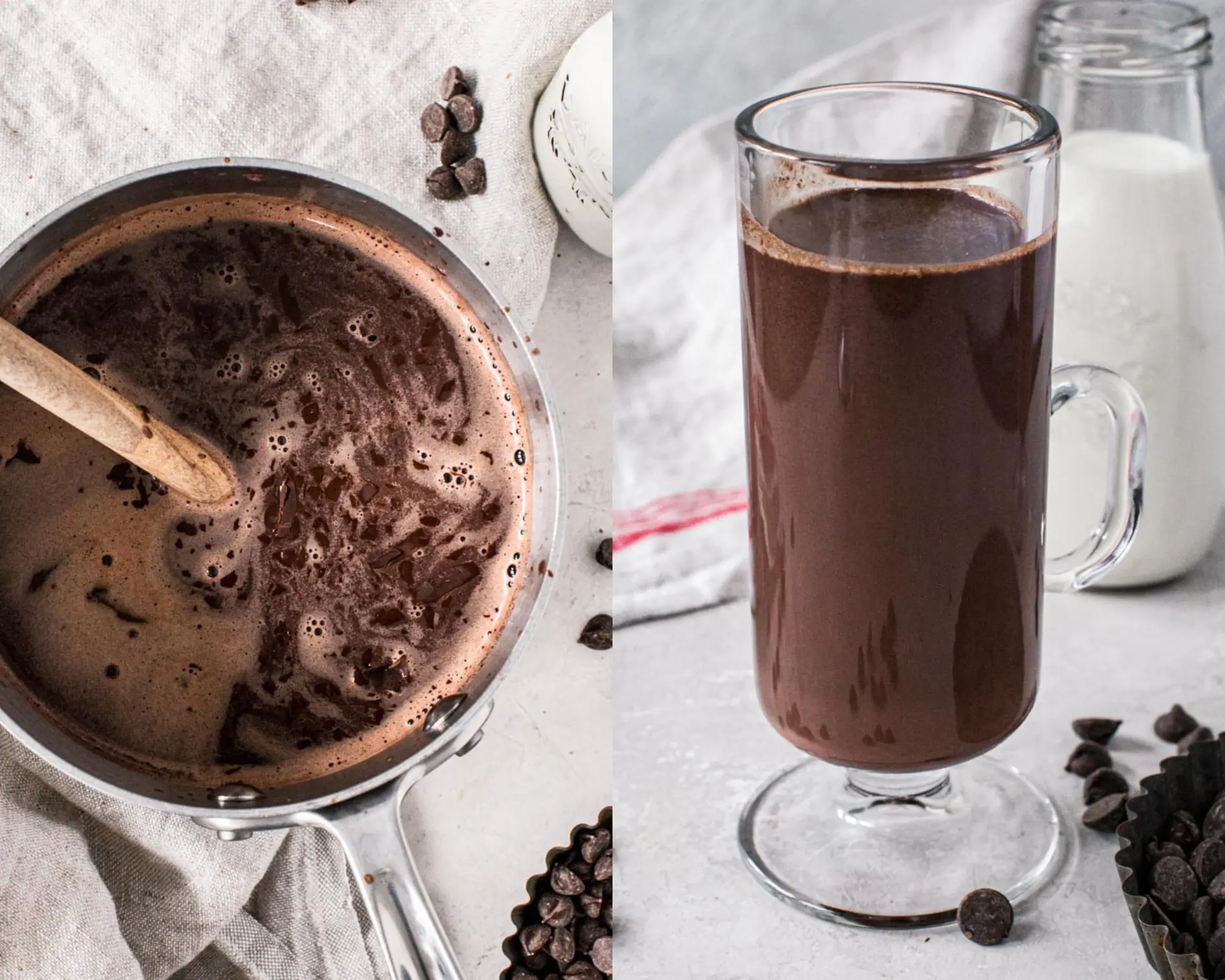 Chocolate chunks in a medium saucepan with a wooden spoon and a glass filled with hot chocolate.