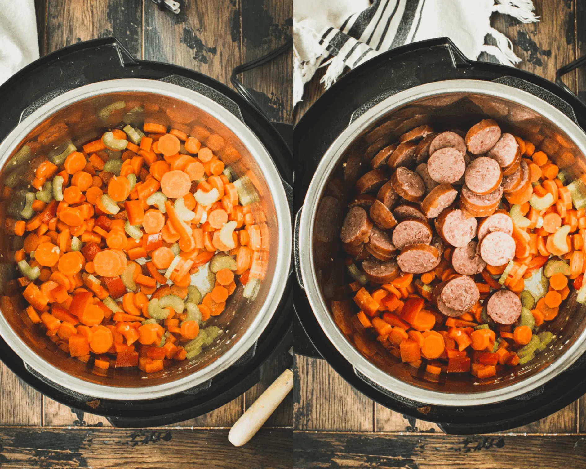 Cooked vegetables in the Instant Pot on the left and sausage added to the Instant Pot on the right.