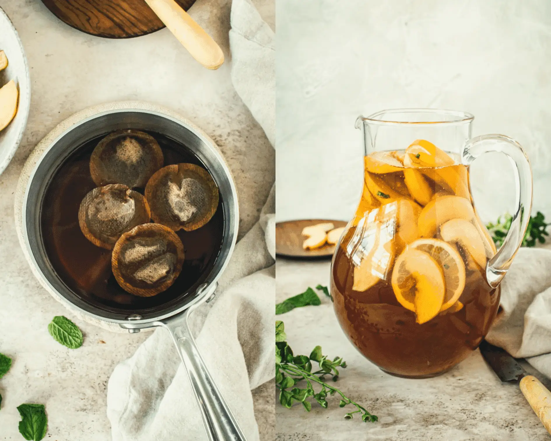 Pot filled with black tea and tea bags on left and pitcher filled with sangria iced tea on right.