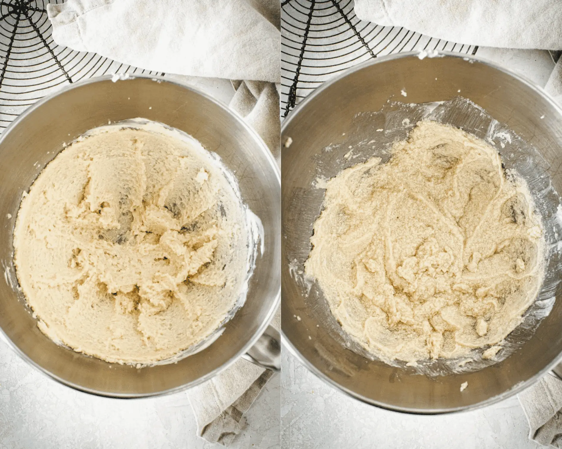 Creamed butter and sugar in a mixing bowl on left and batter with egg and extract in mixing bowl on right.