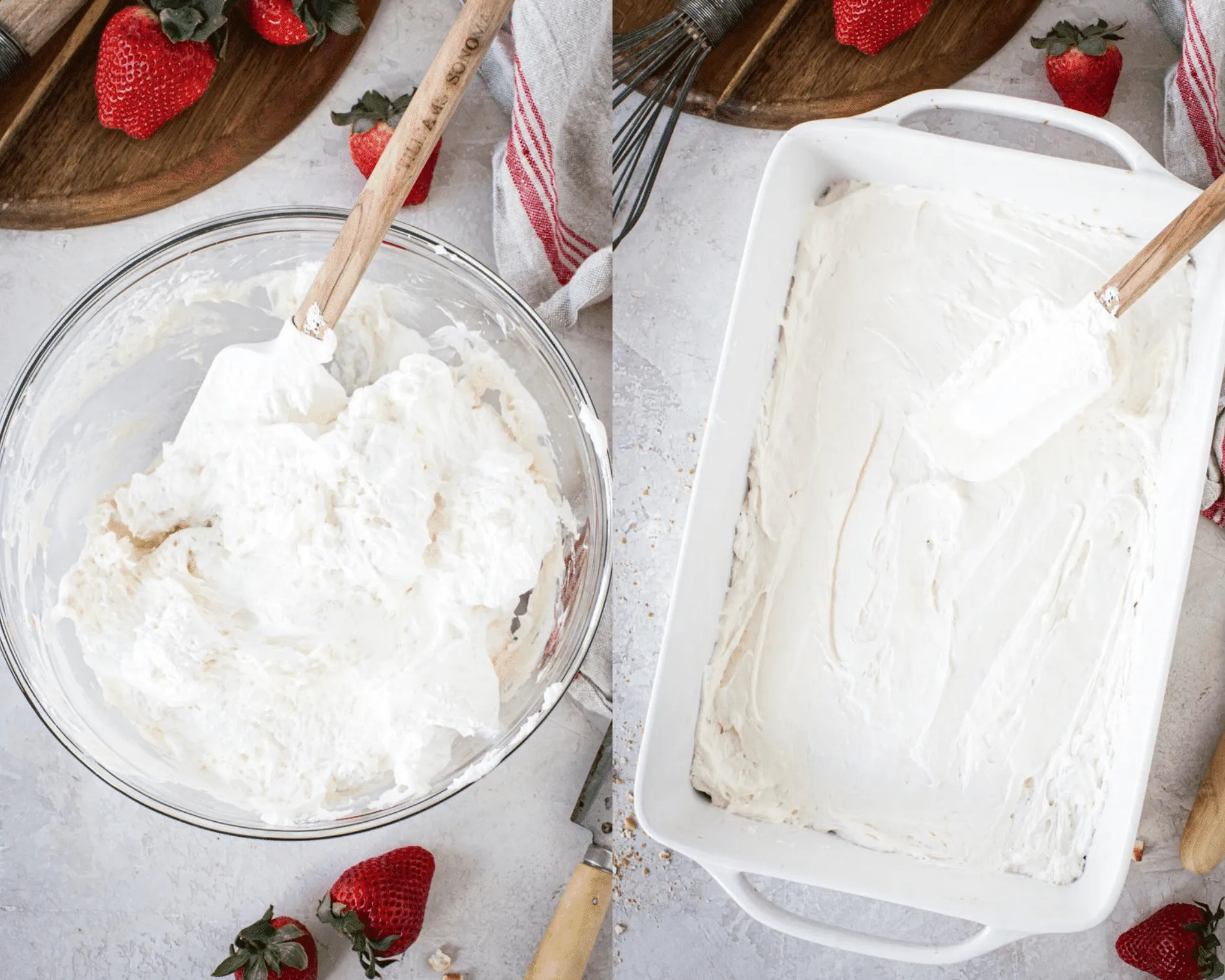 Cream cheese and cool whip mixture in mixing bowl on left and mixture spread over pretzel crust in left.