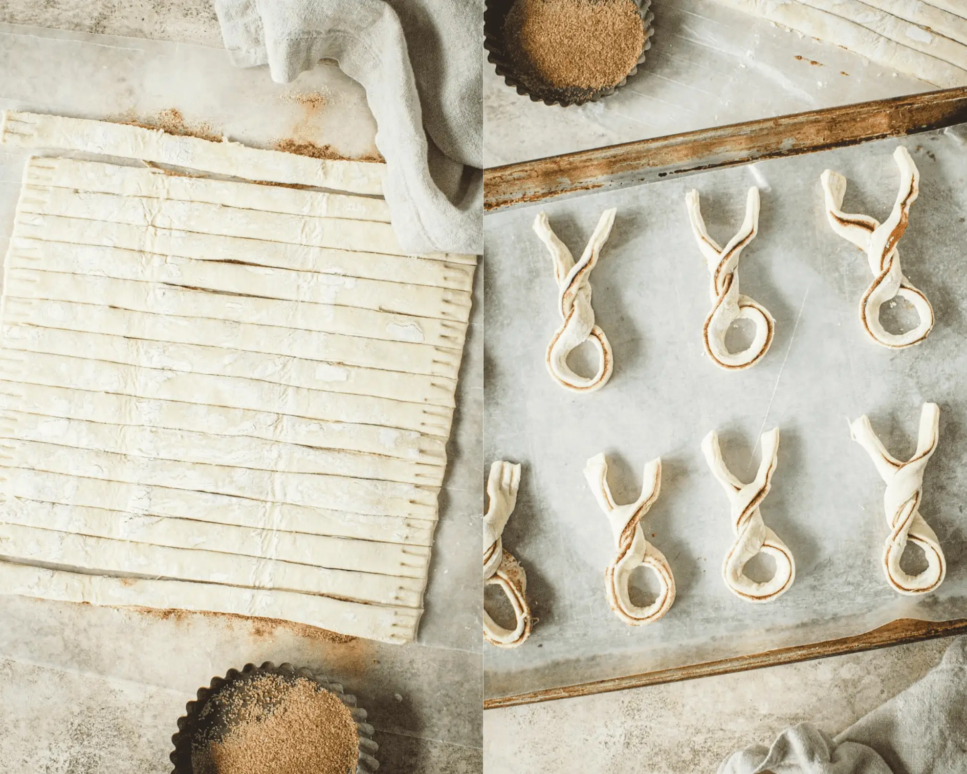 Pastry cut into thin 18 strips with edges pressed on left and pastry strips twisted into bunny shapes on a baking sheet.