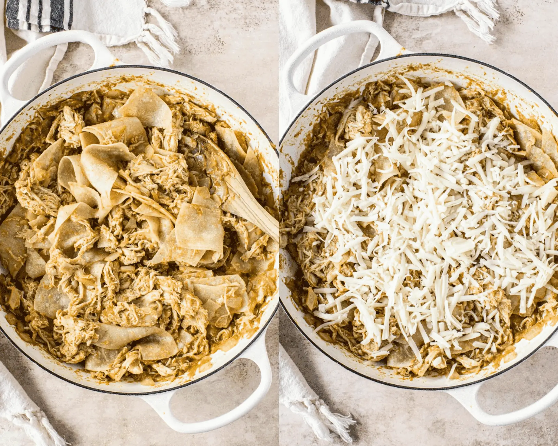 Tortilla strips mixed into enchilada skillet mixture on left and enchilada skillet topped with cheese on right.