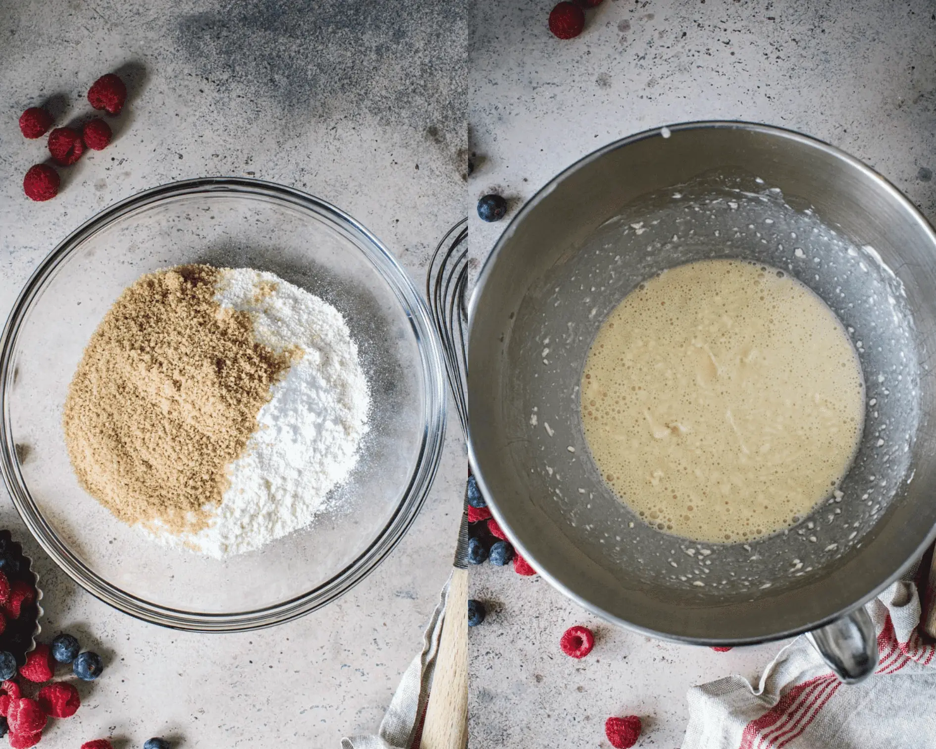 Dry ingredients for muffin in a glass mixing bowl on left and wet ingredients in a silver mixing bowl on right.