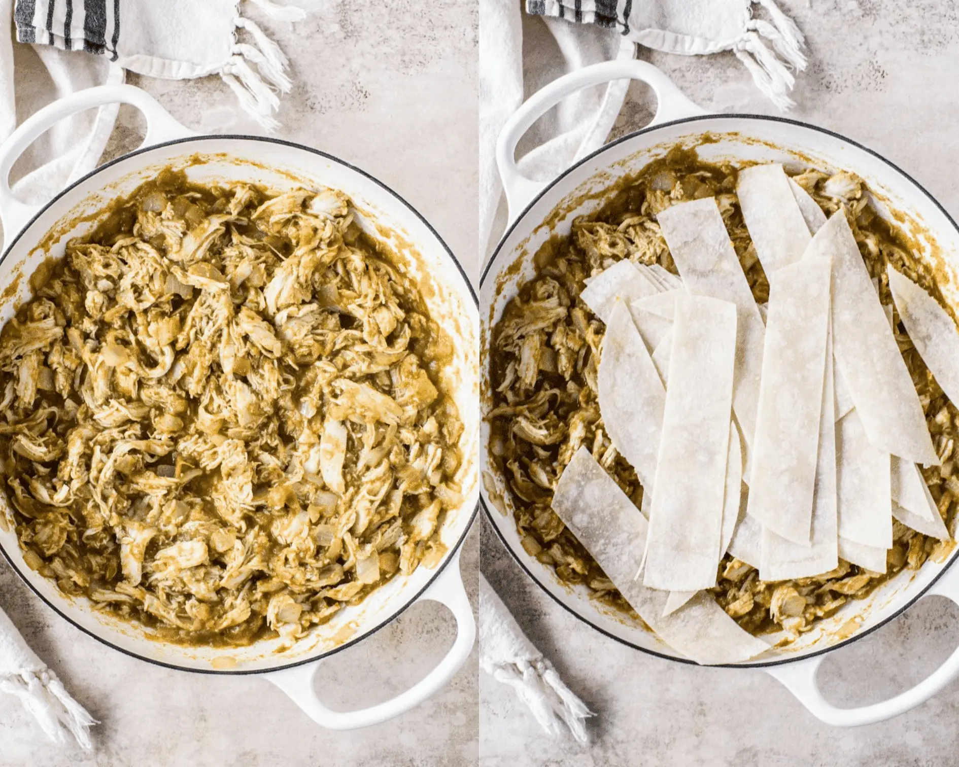 Chicken enchilada skillet ingredients in white skillet on left and enchilada skillet topped with tortilla strips on right.