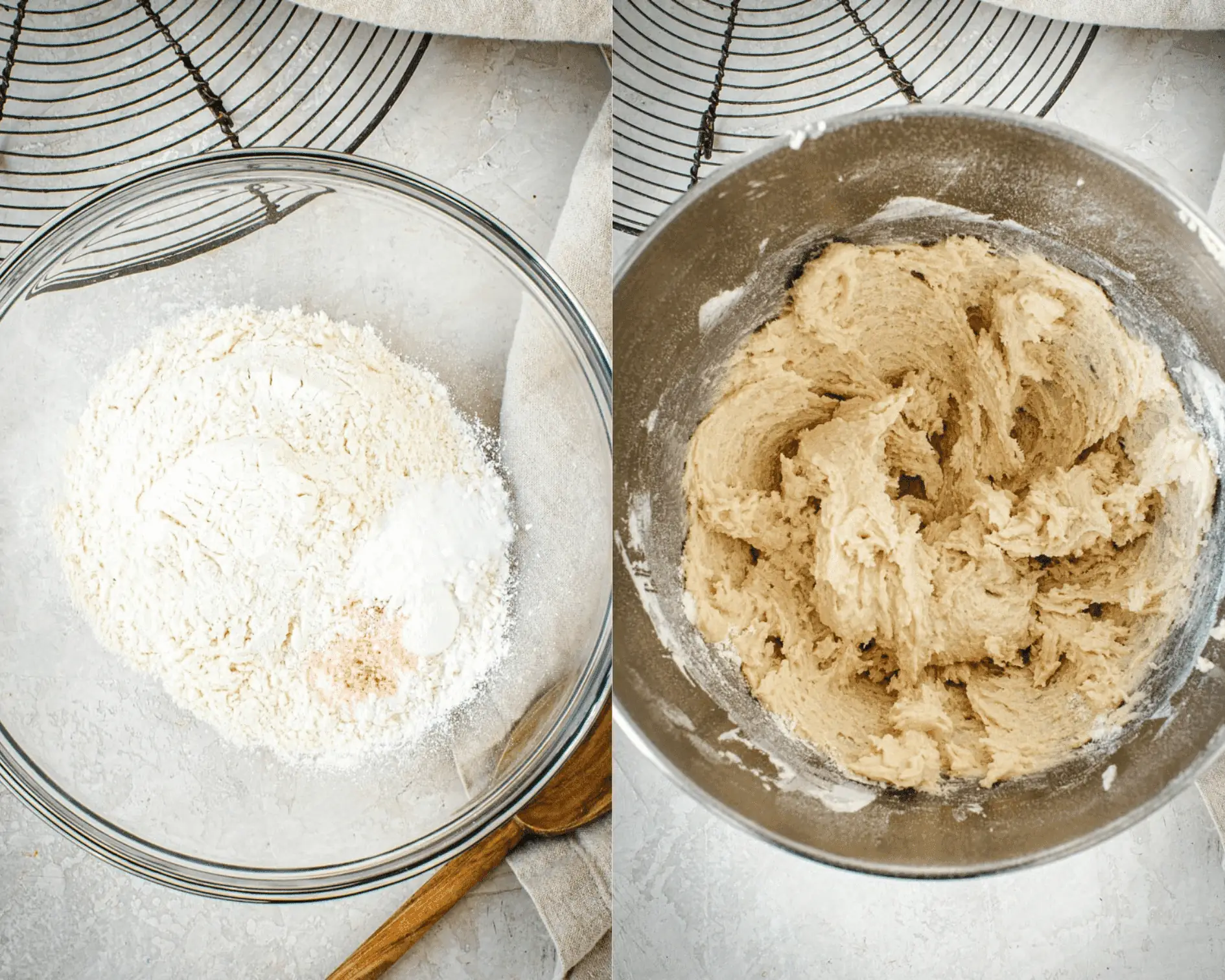 Dry ingredient mixture in a mixing bowl on left and mixture added to cookie batter on right.