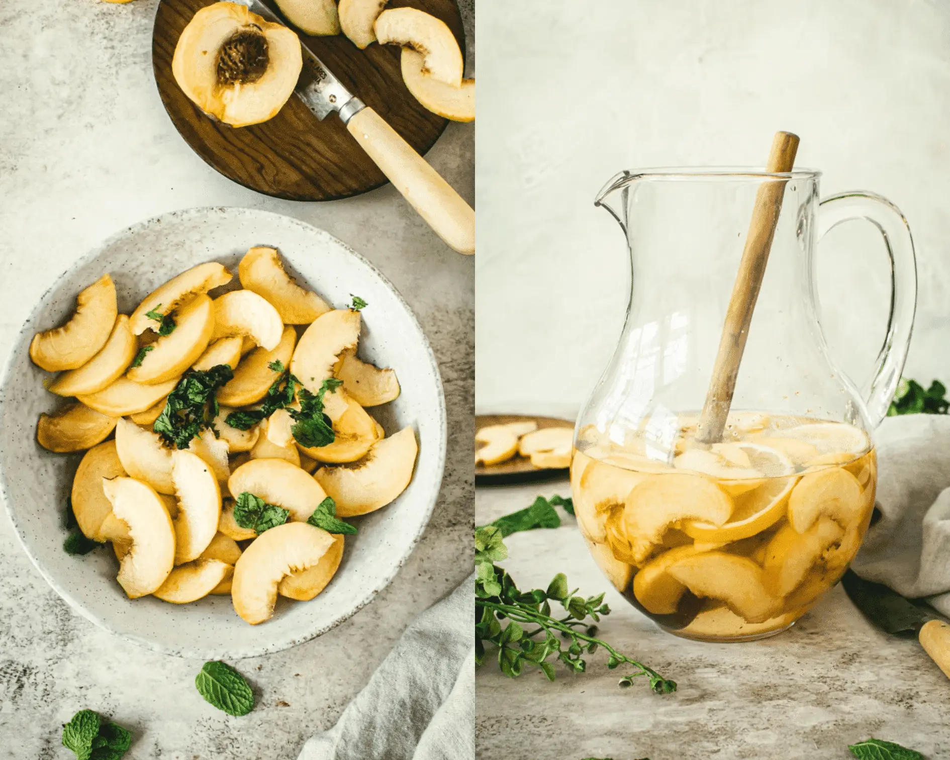 Marinating peaches and mint in bowl on left and pitcher with wine and marinated fruit on left.