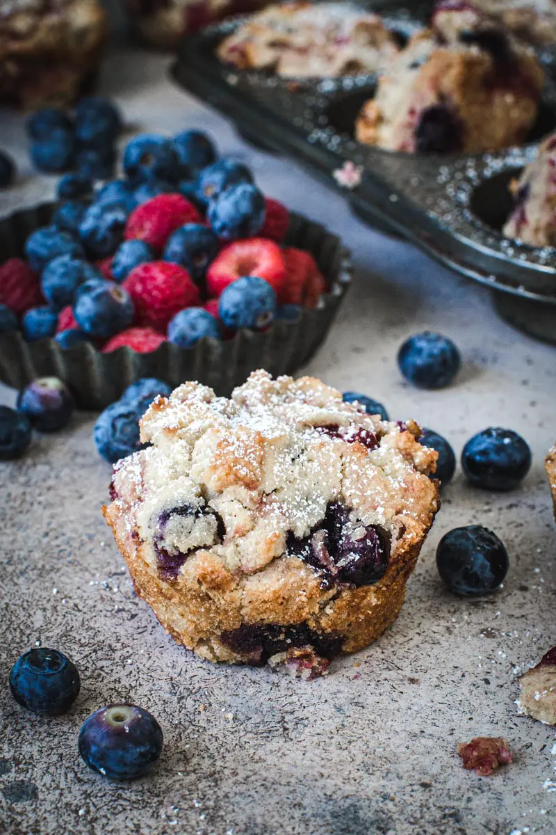 Powdered sugar coated mixed berry cornbread muffin with blueberries and raspberries surrounding it.