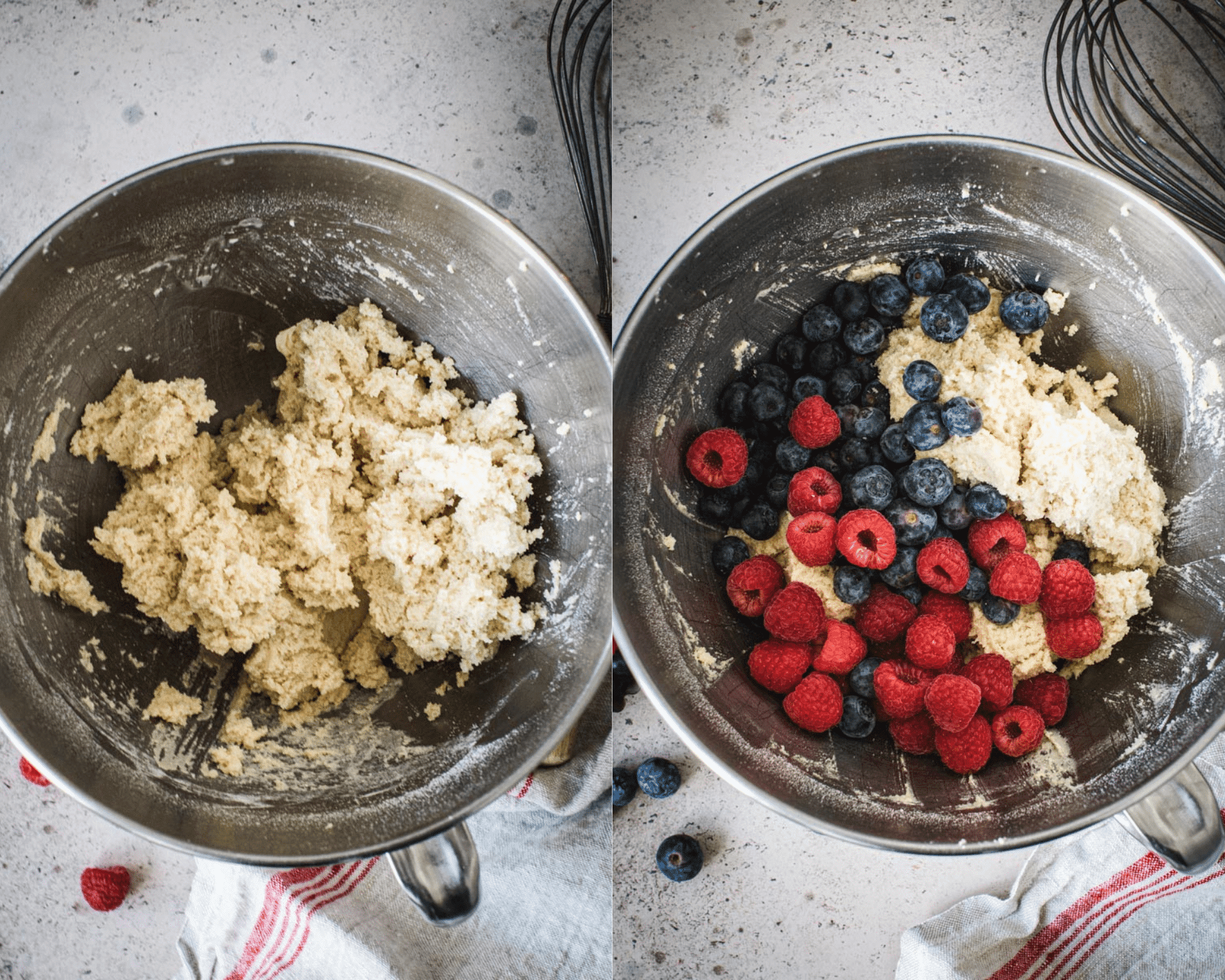 Muffin batter in mixing bowl on left and muffin batter topped with blueberries and raspberries in mixing bowl on right.