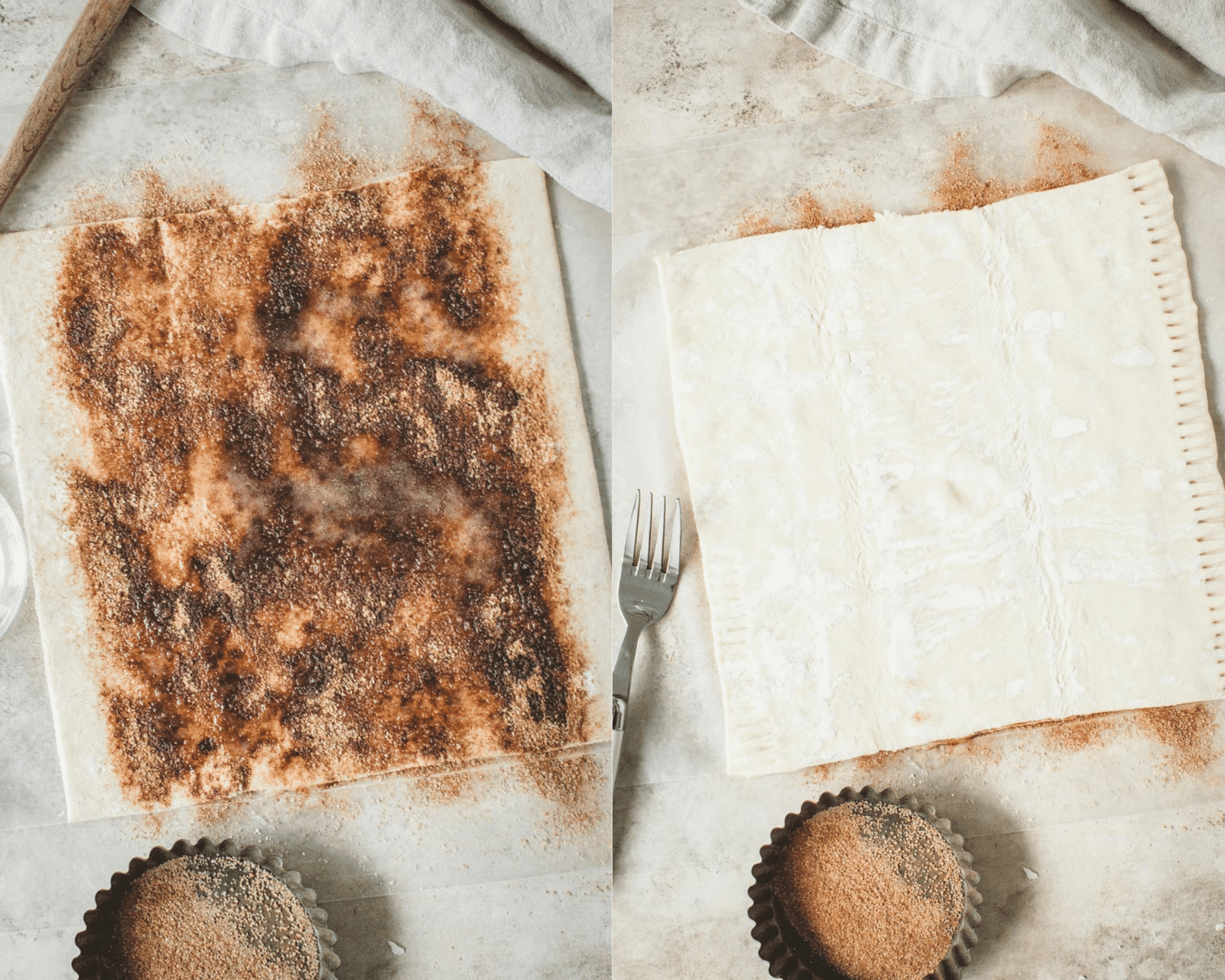 Water brushed on edges of pastry with cinnamon and sugar and butter on left and top layer of pastry on top of other pastry on right.