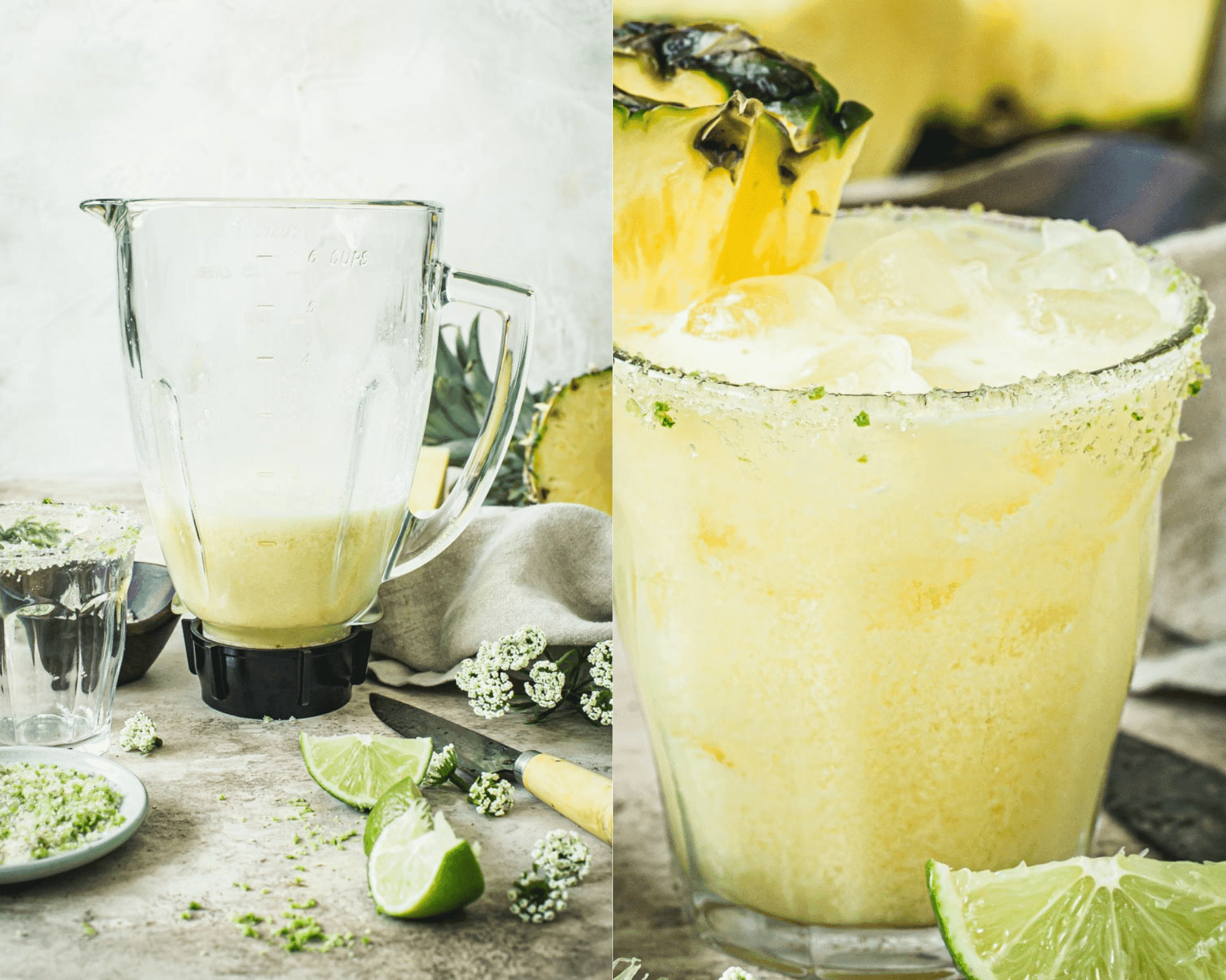 Pineapple coconut mixture in a mixer on left and pineapple coconut margarita in a glass on right.