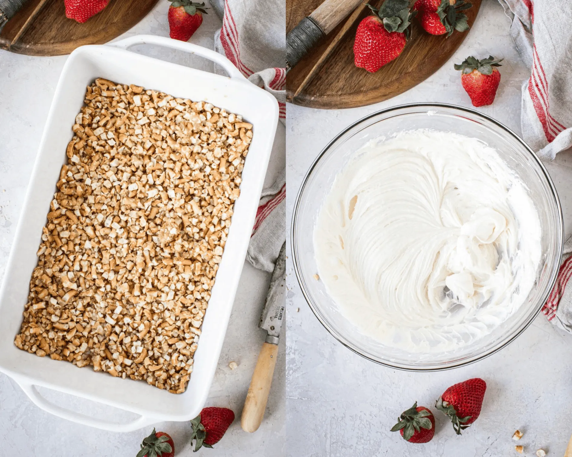 Pretzel crust in white casserole dish on left and cream cheese and sugar mixture in mixing bowl on left.