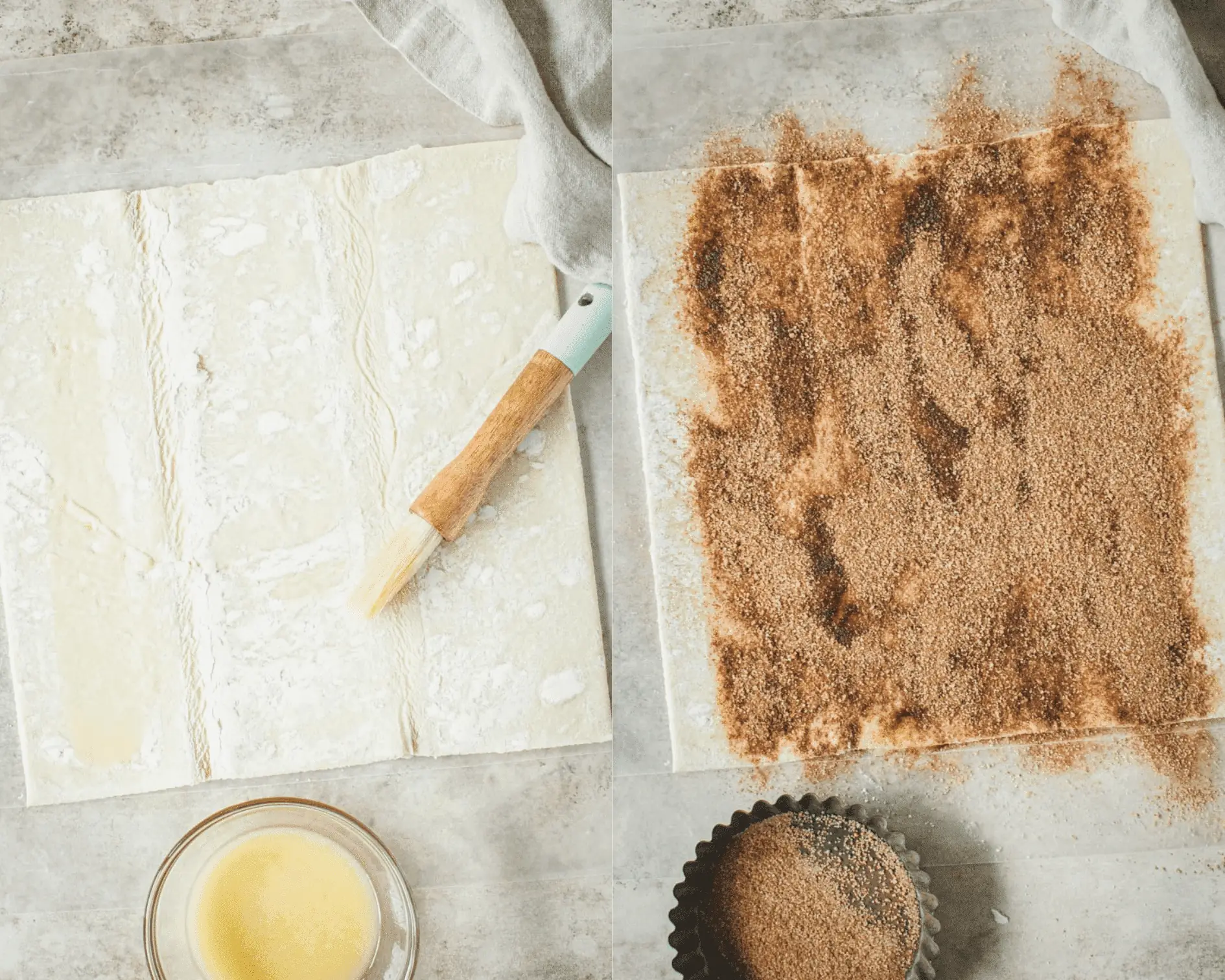 Puff pastry brushed with butter on left and pastry covered with cinnamon and sugar on right.