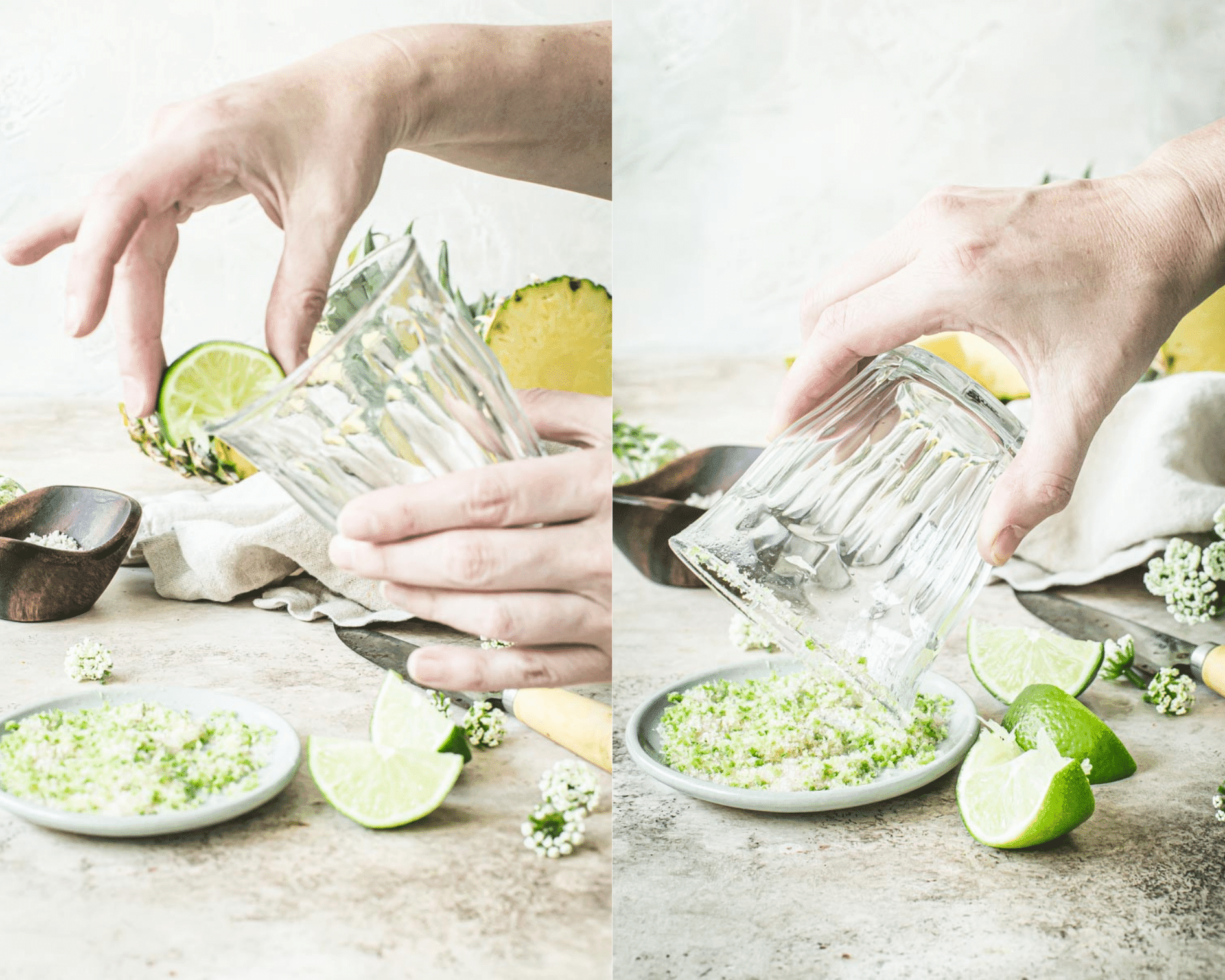 Hand holding lime on the edge of a glass on left and hand dipping glass rim into sugar on right.