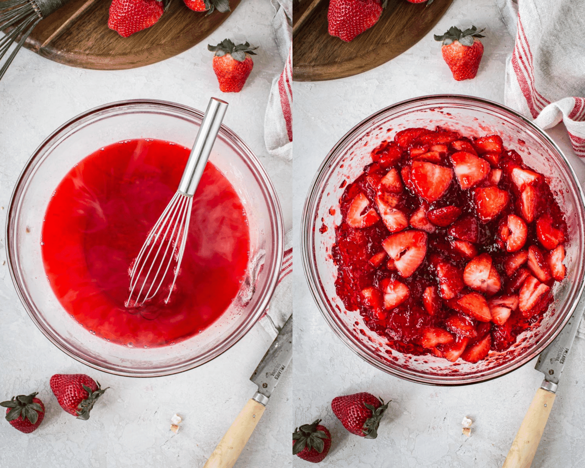 Strawberry Jell-O in mixing bowl on left and Jello with strawberries mixed in on right.