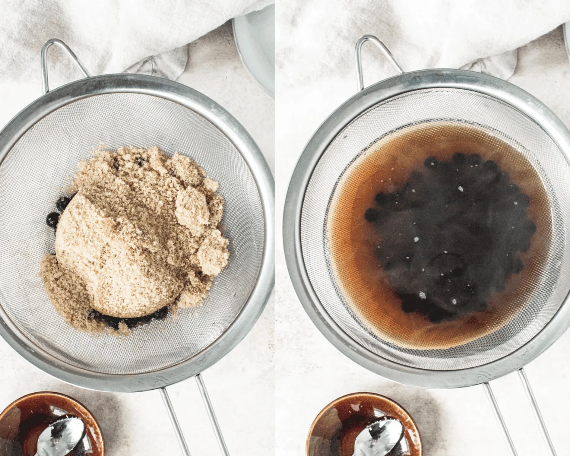 Brown sugar in strainer on left and water, tapioca peals, and brown sugar in strainer on right.